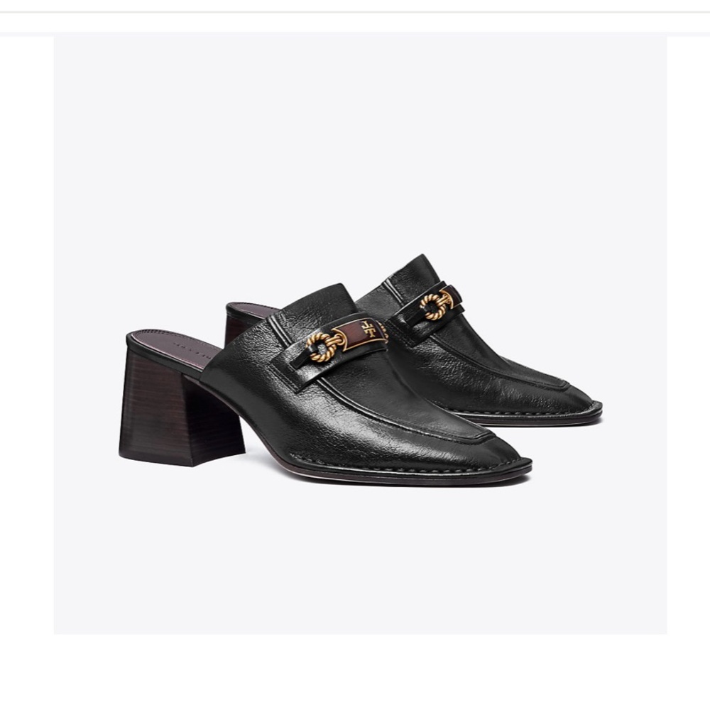 Tory Burch Black Leather Heeled Mules with Gold Hardware